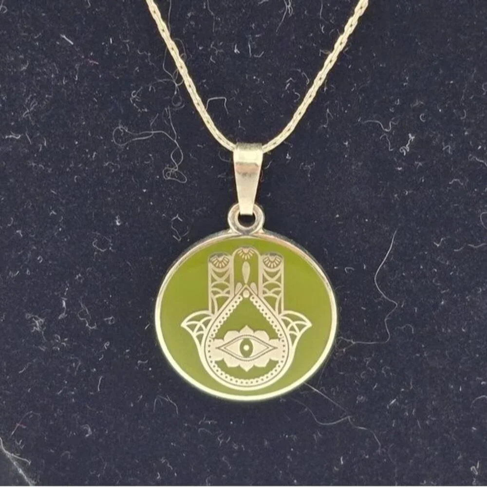 Alex and Ani Silver Tone Hand of Fatima Expandable Necklace Green Enamel Signed - Picture 1 of 6